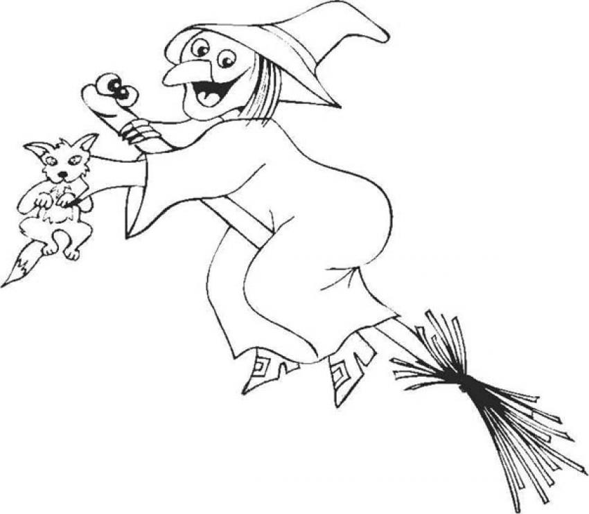 Desenhos para colorir de desenho de uma bruxa feliz voando com sua vassoura  para colorir 