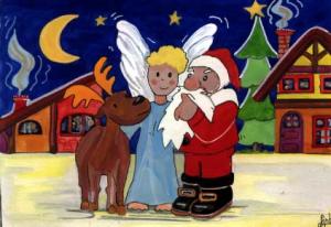 Ilustração de um anjo com uma Rena e com o Papai Noel