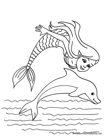 Desenho de uma sereia com um golfinho para colorir
