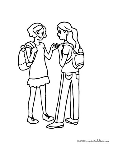Desenho de para colorir de meninas conversando no jardim da escola