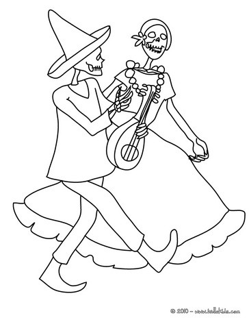 Desenho de um casal de esqueletos danando para colorir