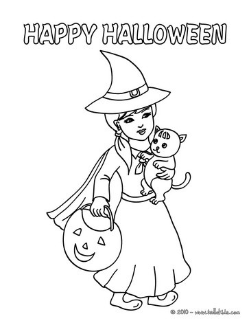 A bruxa encantadora e o seu gato - Dia das Bruxas - Coloring Pages