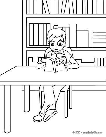 Desenho de um aluno na biblioteca para colorir