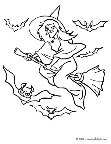 Desenhos para Colorir Halloween - Bruxa com Gato a Voar na Vassoura -  Brinquedos de Papel