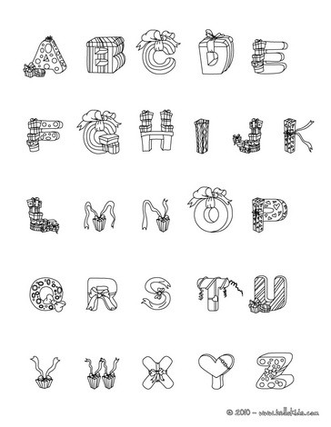 Letras do alfabeto com motivos de presentes de Natal para colorir