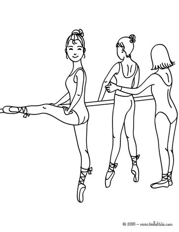 Desenho de uma professora de bal ensinando e as bailarinas treinando as posies para colorir