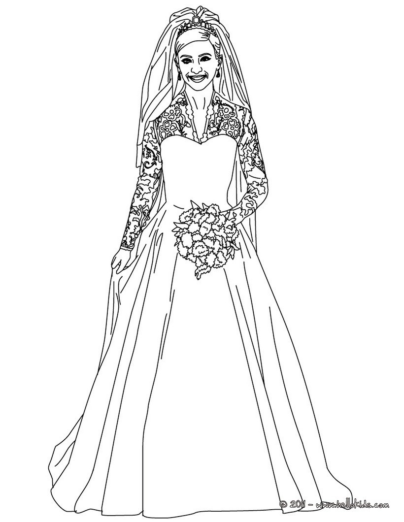 Desenho de Princesa em seu vestido de casamento para colorir