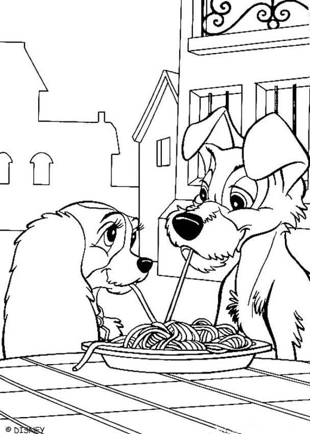 Desenhos para colorir de a dama e o vagabundo comendo espaguete  