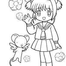 Sakura com o seu uniforme e com o Kero