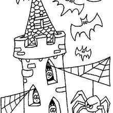 Desenho de um castelo mal assombrado com aranhas e morcegos para colorir