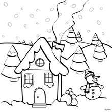 Desenho de uma casa durante o Natal para colorir