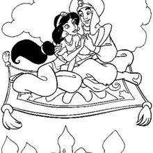 Desenho da Princesa Jasmin e do Aladdin voando para colorir