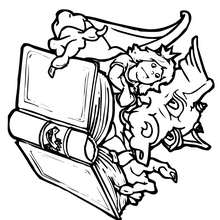 Desenho de uma princesa lendo com um dragão para colorir