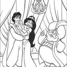 Desenho do Sultão com a Jasmin e com o Aladdin para colorir