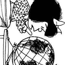 desenho animado, Desenho da Mafalda com o globo do mundo para colorir