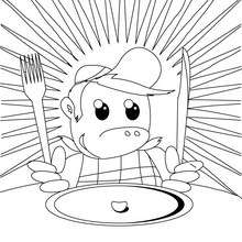 cozinhar, Desenho de um menino com um grão de feijão no  prato  para colorir online