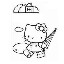 Desenho da Hello Kitty com seu guarda chuva para colorir