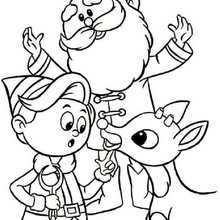 Desenho do Rodolfo com o papai Noel e o Elfo para colorir