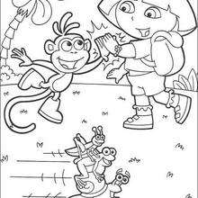 Desenho da Dora, com o Botas e o Trio Party para colorir