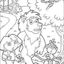 Desenho da Dora com seus amigos, Raposo, Botas e Leão para colorir