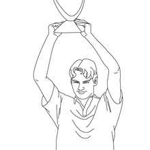 Desenho de um jogador de tênis recebendo um troféu para colorir