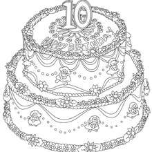 Desenho de um bolo de aniversário de 10 anos para colorir