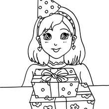 Desenho de uma menina com seu presente de aniversário para colorir