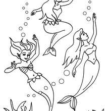 Desenho de um grupo de sereias dançando no mar para colorir
