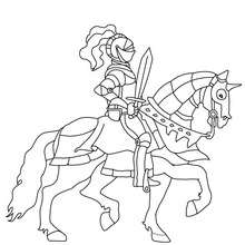 Desenho para colorir de um guerreiro com sua espada no seu cavalo