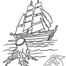 Desenho de uma sereia observando um barco para colorir