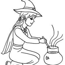 Desenho de uma bruxa preparando uma poção mágica para colorir online