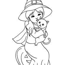 Desenho de uma adorável bruxinha com seu gato para colorir