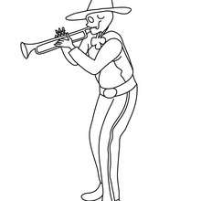 Desenho de um esqueleto tocando trompete para colorir