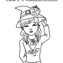 Desenho de uma menina com um chapél de bruxa para colorir