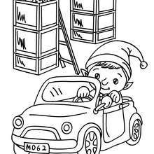 Desenho de um Duende dirigindo um carro de criança na fábrica do Papai Noel para colorir