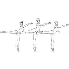 Desenho de três dançarinas realizando um arabesque na barra para colorir