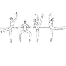 Desenho de 4 dançarinas treinando na barra para colorir