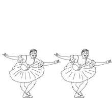 Desenho de duas bailarinas fazendo uma reverência para colorir