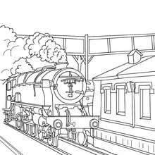 Desenho para colorir de um trem a vapor antigo entrando na estação de trem