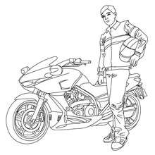 motocicleta, Desenho de uma moto de corrida com seu piloto para colorir