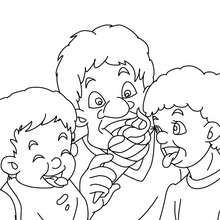 Desenho de um pai comendo sorvete com seus filhos para colorir