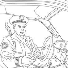 Desenho de um policial no seu carro de polícia para colorir