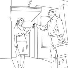 Desenho para colorir de um Agente imobiliário dandos as chaves ao comprador
