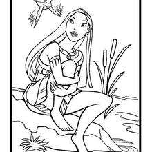 Desenho da Pocahontas na beira do rio para colorir