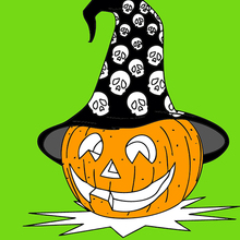 Desenho de uma abóbora com chapél de bruxa para colorir