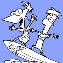 Phinéas, Ferb e Candace em uma placa de surf