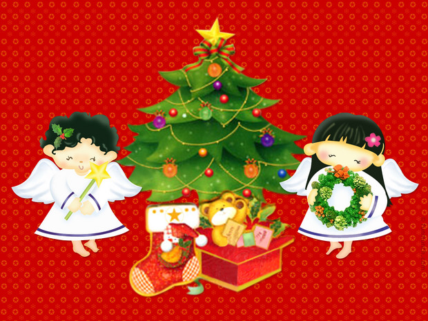 Papél de parede com árvore de Natal e anjinhos
